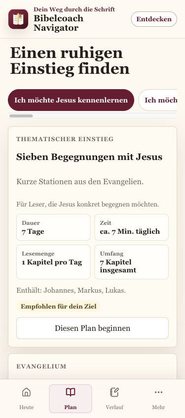 Leseplan-Auswahl im Bible Navigator mit Plänen wie Sieben Begegnungen mit Jesus